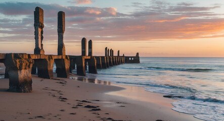 Wall Mural - sunset over port willunga beach featuring historic jetty ruins against golden sky with sea waves and