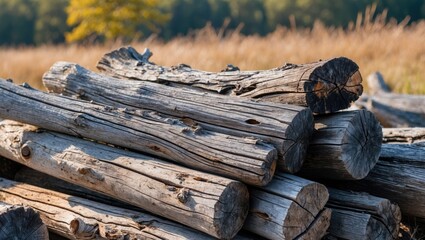 Poster - Sunlit weathered gray wooden logs stacked in a grassy field showcasing the beauty of nature and rustic charm.