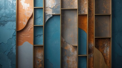 Poster - Stylish textured wall design featuring geometric patterns in vibrant blue and orange tones for modern interior backgrounds.