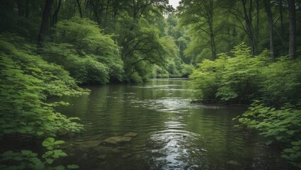 Poster - Serene Forest Stream Surrounded By Lush Green Foliage In Summer With Calm Waters And Natural Beauty