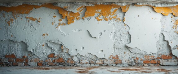 Poster - Aging cement wall with peeling paint and exposed brick showcasing a vintage grunge texture ideal for retro design backgrounds.