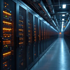 Poster - Dark data center features rows of computer servers with blinking lights, cables. Digital network technology with hardware infrastructure, security. Information storage, cloud computing. Perfect for