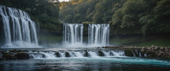 Poster - Stunning multi-tiered waterfalls cascading into a serene river surrounded by lush greenery and soft morning light.