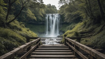 Poster - Serene Waterfall Cascading Over Rocks Surrounded By Lush Greenery With Wooden Footbridge And Space For Text Overlay