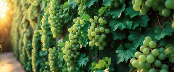 Poster - Lush green maiden grape leaves and clusters create a vibrant natural background with ample copy space for design and marketing purposes.