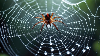 Poster - Delicate water droplets glistening on a spider's web with the spider prominently featured in a natural setting.