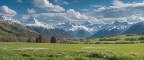 Poster - Majestic landscape featuring lush green meadows and stunning snow-capped mountains under a clear blue sky with soft clouds and space for text.
