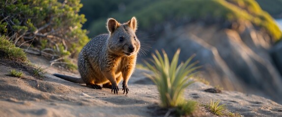 Wall Mural - quokka exploring coastal landscape at sunset