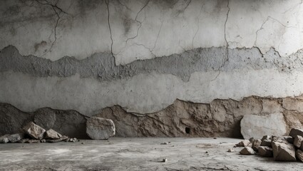 Poster - Crumbling Wall Surface with Textured Plaster and Exposed Foundations Ideal for Background in Design and Artistic Projects
