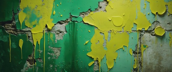 Poster - Grunge Wall Texture Featuring Dripping Green and Yellow Paint Stains for Artistic and Architectural Backgrounds