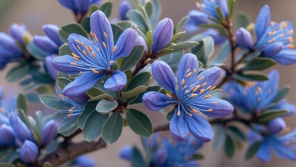 Poster - Vibrant Violet Blue Acacia Flowers with Lush Green Leaves in Blooming Natural Environment