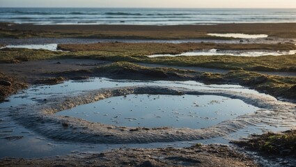 Wall Mural - coastal tide pool reflecting evening sky at beach with sand and seaweed surrounding water circle