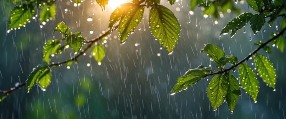 Wall Mural - raindrops glistening on leaves under sunlight in a serene afternoon amidst a refreshing garden atmos