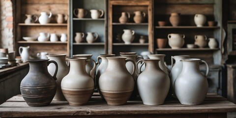 Aufkleber - Rustic Ceramic Jugs Displayed on a Wooden Table with Empty Space for Text in an Artisan Workshop Environment