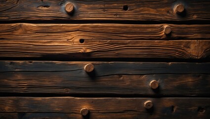 Poster - Rustic wooden background featuring dark horizontal boards with natural knots and nail holes, perfect for vintage or country-themed designs.