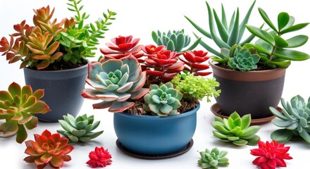 Poster - Arrangement of colorful red and green succulent flowering houseplants in decorative pots on a clean white background