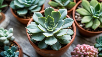 Poster - Succulent arrangement featuring a vibrant Aeonium kiwi rosette in a terracotta pot surrounded by various decorative plants.