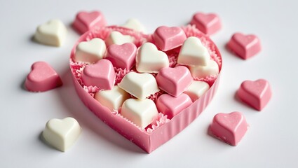 Aufkleber - Heart-shaped box filled with pink and white chocolates on a white background, perfect for Valentine's Day or romantic occasions.
