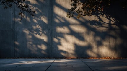 Aufkleber - Shadows of trees and leaves on a concrete wall at dusk creating a tranquil yet eerie atmosphere with ample copy space for text.