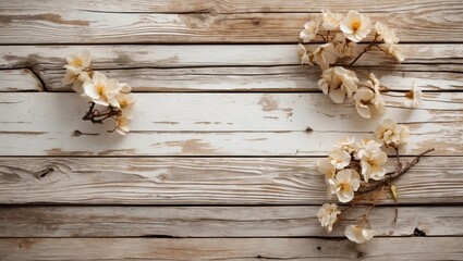 Poster - Elegant vintage wood background with delicate cream-colored flowers for stylish presentations or designs.