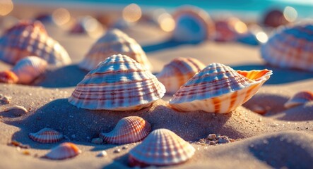 Poster - Colorful seashells scattered on sandy beach with sunlight reflections creating a serene coastal atmosphere perfect for nature and travel themes.