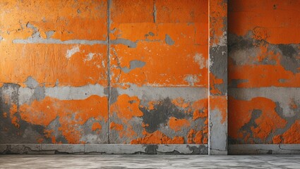 Poster - Textured vintage orange concrete wall background with peeling layers for creative design and artistic projects.