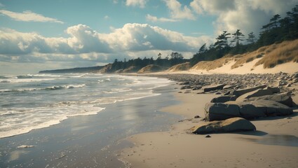 Poster - Serene Coastal View of Beach Featuring Rocks and Sand Dunes Beneath Dramatic Cloudy Skies in a Vintage Film Style