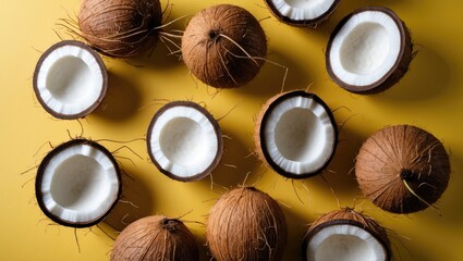 Aufkleber - Coconuts displayed on a vibrant yellow background showcasing their natural texture and inside detail for an appealing tropical aesthetic.
