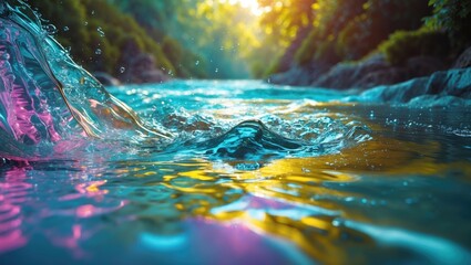 Poster - Tranquil flowing water with vibrant reflections in a serene natural environment at sunset