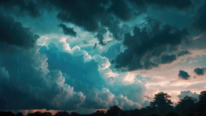 Poster - Dramatic evening sky with dark, thunderous clouds and rain showcasing the intensity of a stormy atmosphere.
