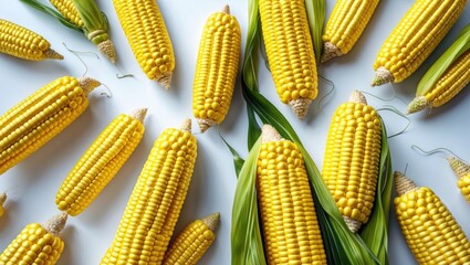 Aufkleber - Fresh Yellow Corn on White Background with Leaves Top View, Sweet Corn Agriculture Produce, Culinary Flat Lay Composition