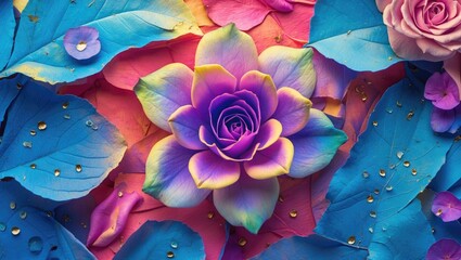 Poster - Vibrant floral composition with colorful petals and leaves creating a textured background for infographics and design projects.