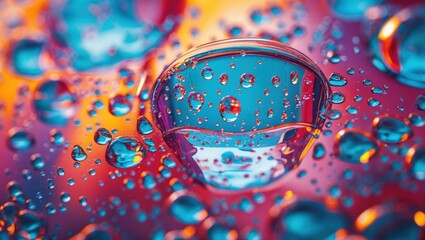 Poster - Colorful close-up of water droplets on glass creating a vibrant abstract background with reflections and light distortion effects.