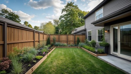 Poster - Charming Fenced Backyard Featuring Lush Green Lawn and Landscaped Garden Surrounded by Wooden Privacy Fence and Scenic Views.
