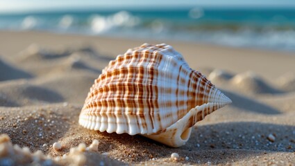 Poster - Seashell Resting on Soft Sand with Gentle Waves in the Background During a Bright Sunny Day at the Beach
