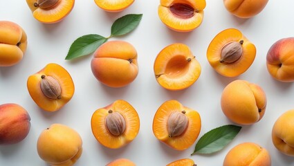Aufkleber - Fresh Apricots Halved and Whole Varieties Displayed on White Background with Green Leaves for Vibrant Culinary and Aesthetic Presentations