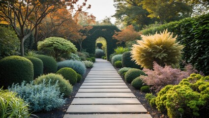 Poster - Tranquil garden walkway lined with ornamental shrubs and vibrant foliage inviting peaceful strolls through nature's beauty.