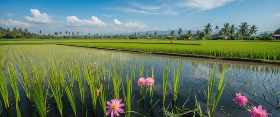 Poster - Scenic Rice Field Landscape with Vibrant Flowers and Clear Blue Sky Ideal for Text Overlay and Natural Background Use