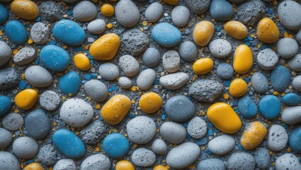 Poster - Colorful gravel stone texture with blue and yellow pebbles on a gray cement background for abstracts, patterns, and construction design elements.