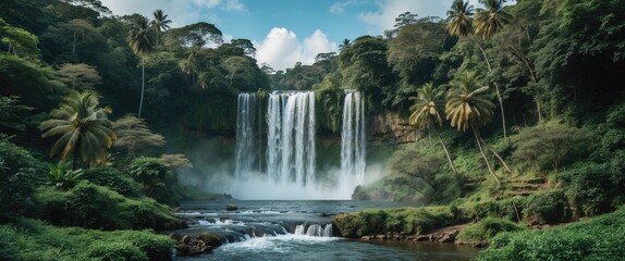 Poster - Majestic Waterfall Surrounded by Lush Tropical Vegetation and Forest Ideal for Hiking Enthusiasts with Space for Custom Text
