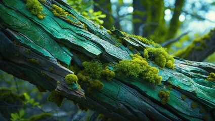 Poster - Textured tree trunk covered in vibrant green moss and lichen in a serene forest setting showcasing nature's beauty and resilience.