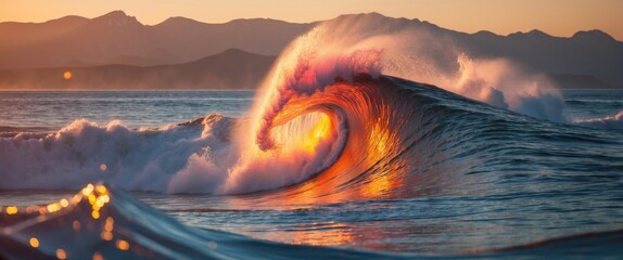 Poster - Majestic ocean wave illuminated by warm sunset hues with mountains in the background creating a serene coastal atmosphere