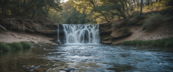 Aufkleber - Serene Small River Waterfall Surrounded By Lush Greenery With Tranquil Waters And Space For Text Overlay