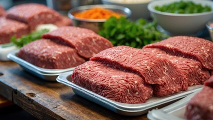 Poster - Fresh Raw Ground Beef Displayed on a Wooden Table with Ingredients in the Background for Culinary Preparation or Grocery Promotion