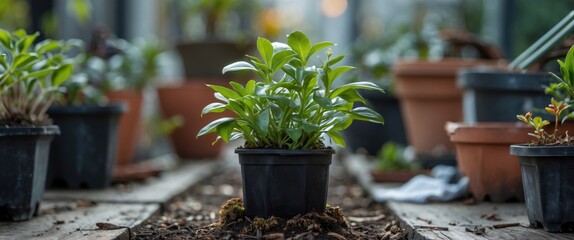 Poster - Green potted plant in a garden center surrounded by other plants on wooden floor showcasing growth and gardening concepts