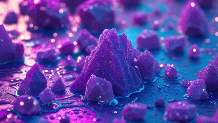 Poster - Vibrant purple and blue crystalline texture with shimmering peaks and scattered gems reflecting light in a captivating composition.
