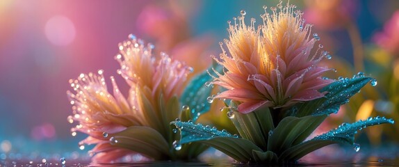 Aufkleber - Delicate Tragopogon dubius flowers adorned with water droplets in a vibrant, ethereal setting showcasing nature's beauty and detail.