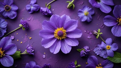 Poster - Vibrant violet textured background featuring beautiful purple flowers for artistic and design projects.