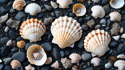 Aufkleber - Coastal treasures scattered on dark gravel showcasing colorful seashells and smooth pebbles in a harmonious beach setting.