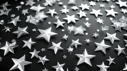 Aufkleber - Scattered silver and white stars against a sleek black background creating a dynamic festive atmosphere for creative designs